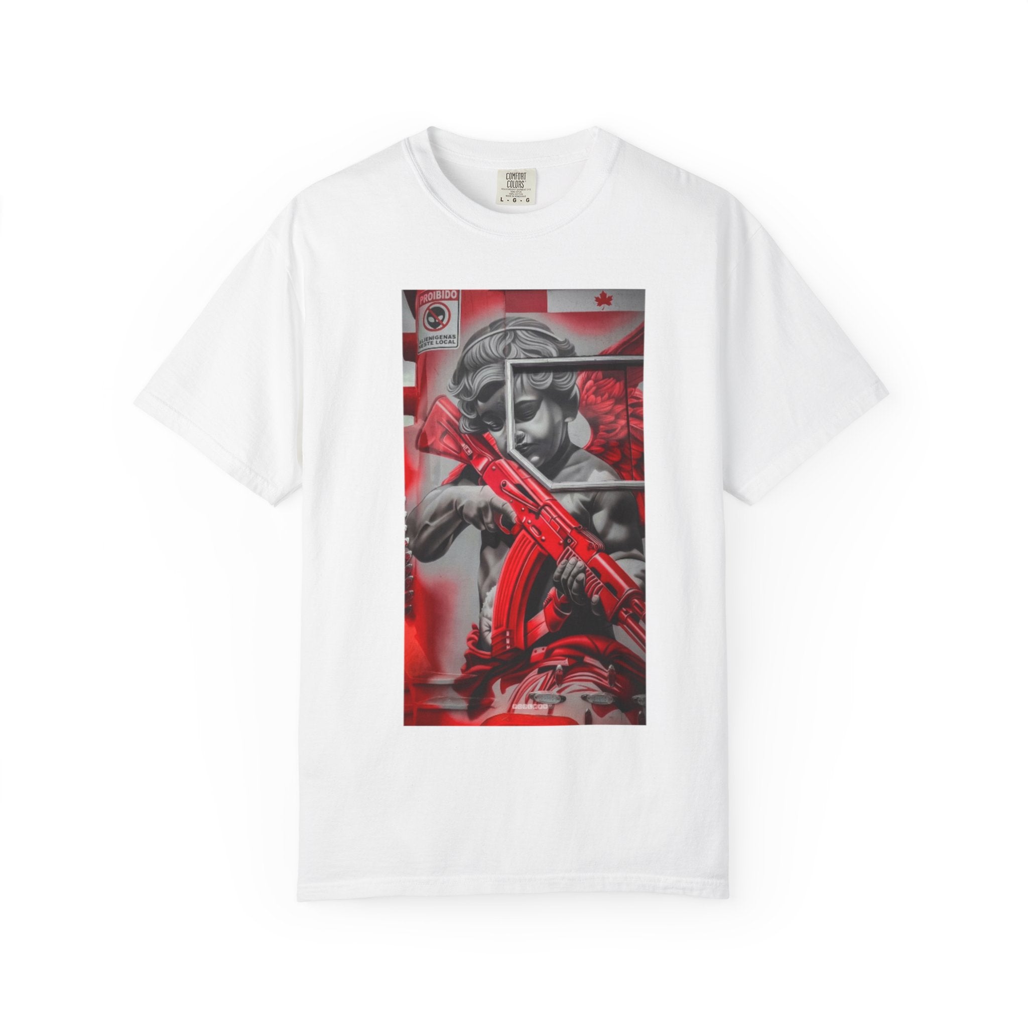 Red and Black Statue with Rifle T-Shirt | Grunge Urban Art