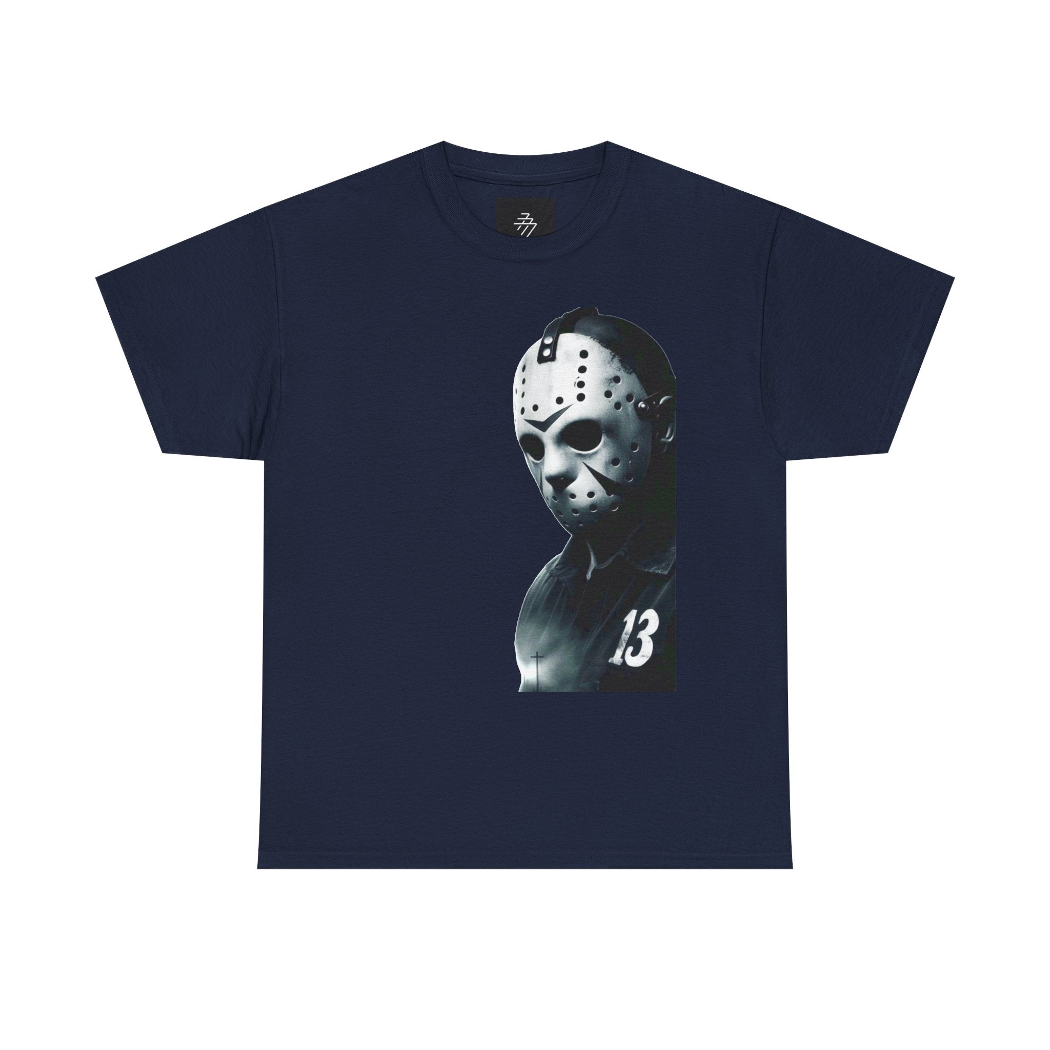 Horror Mask Graphic Tee — Jason '13' Slashed Vintage Horror Art T-Shirt