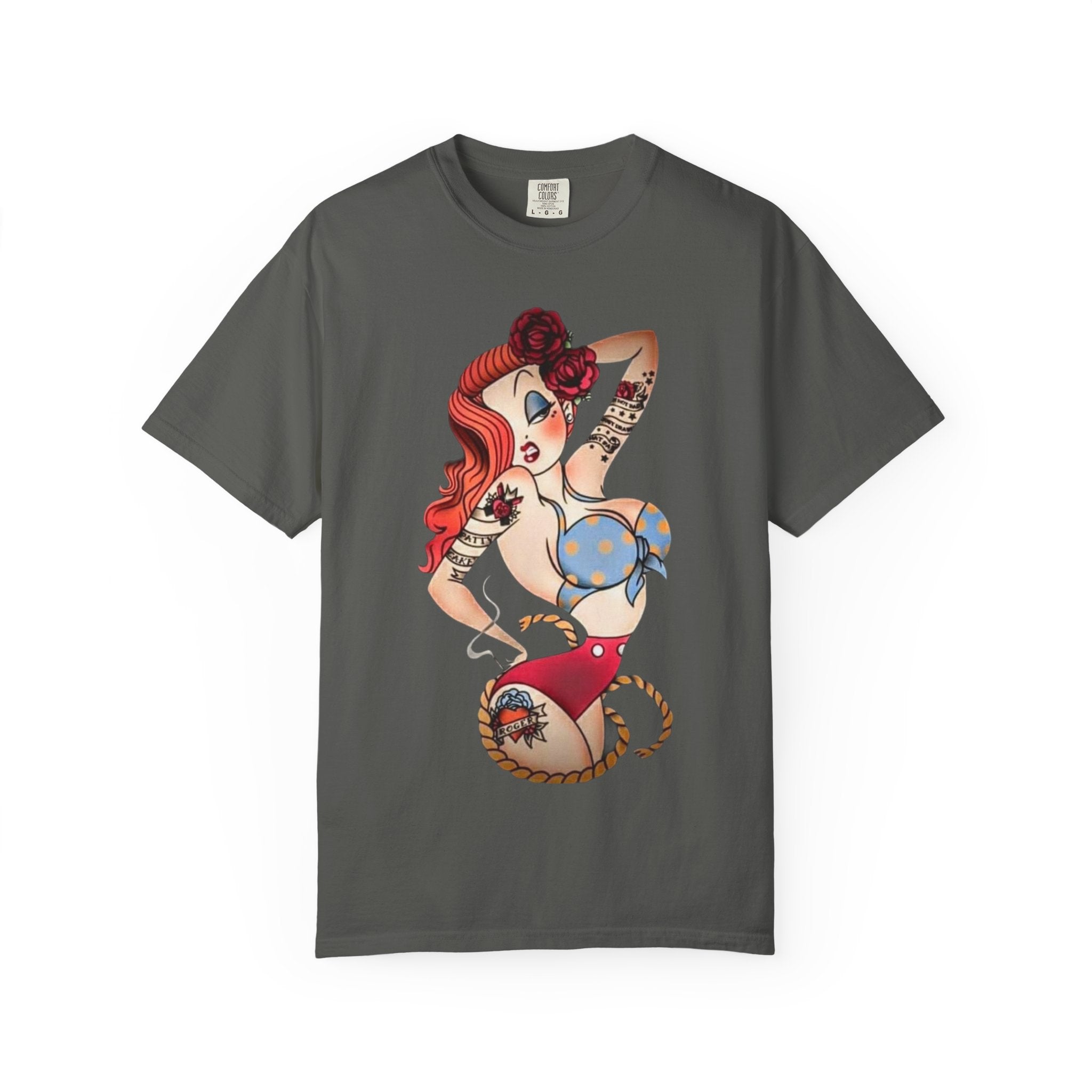 Pinup Girl Illustration T-Shirt | Retro Tattoo Art, Red Hair