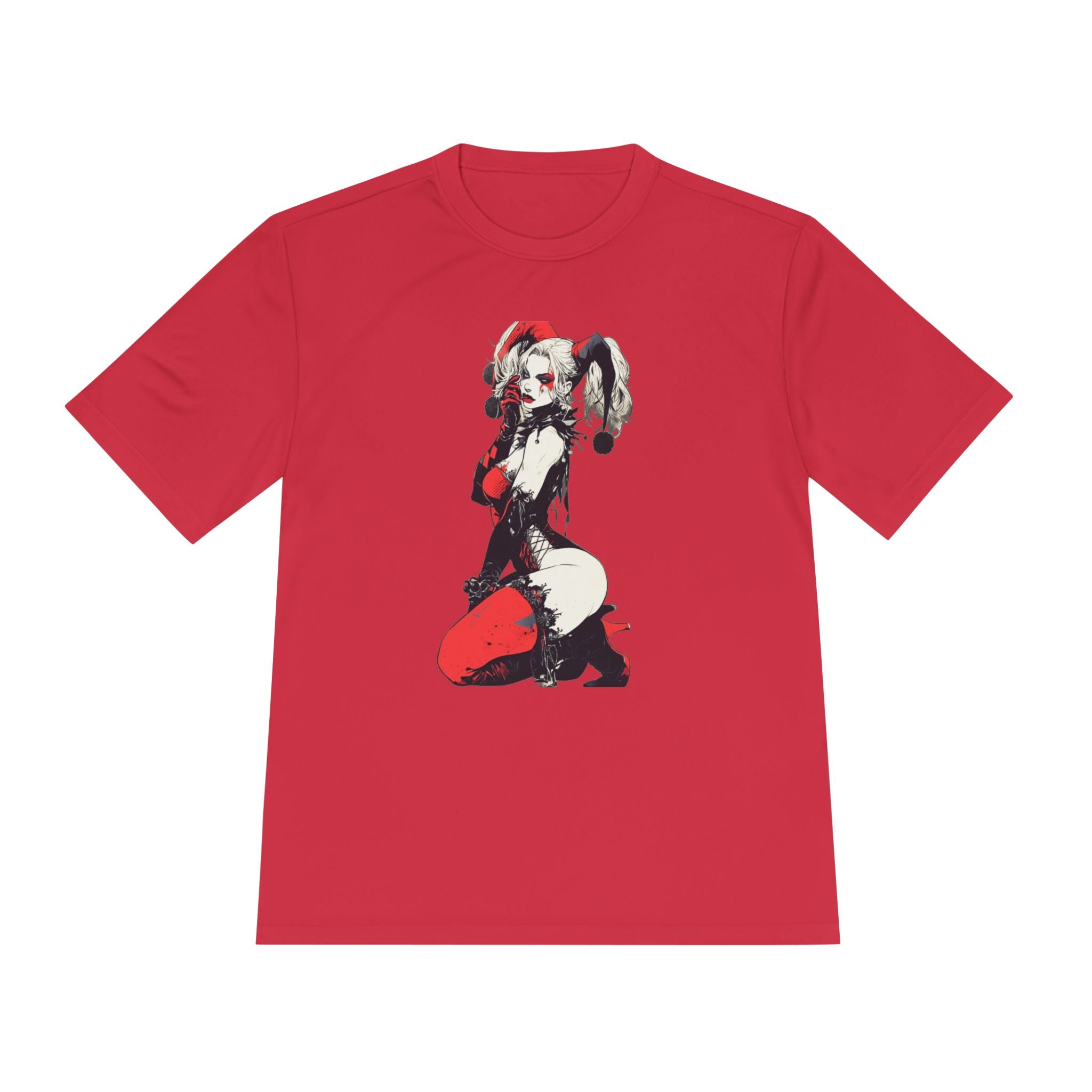 Harlequin Pinup Character Tee | Red Black Joker Girl Illustration
