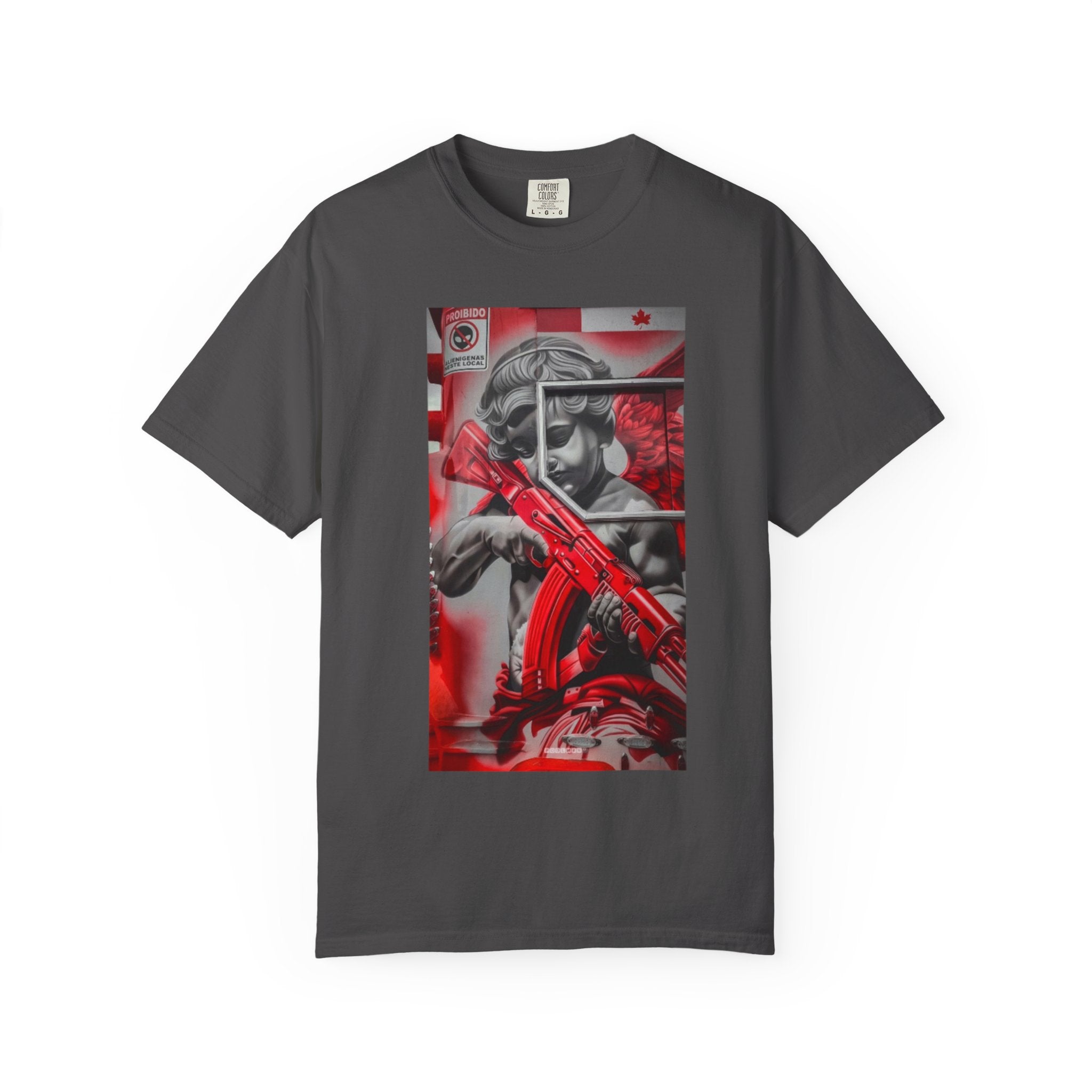 Red and Black Statue with Rifle T-Shirt | Grunge Urban Art