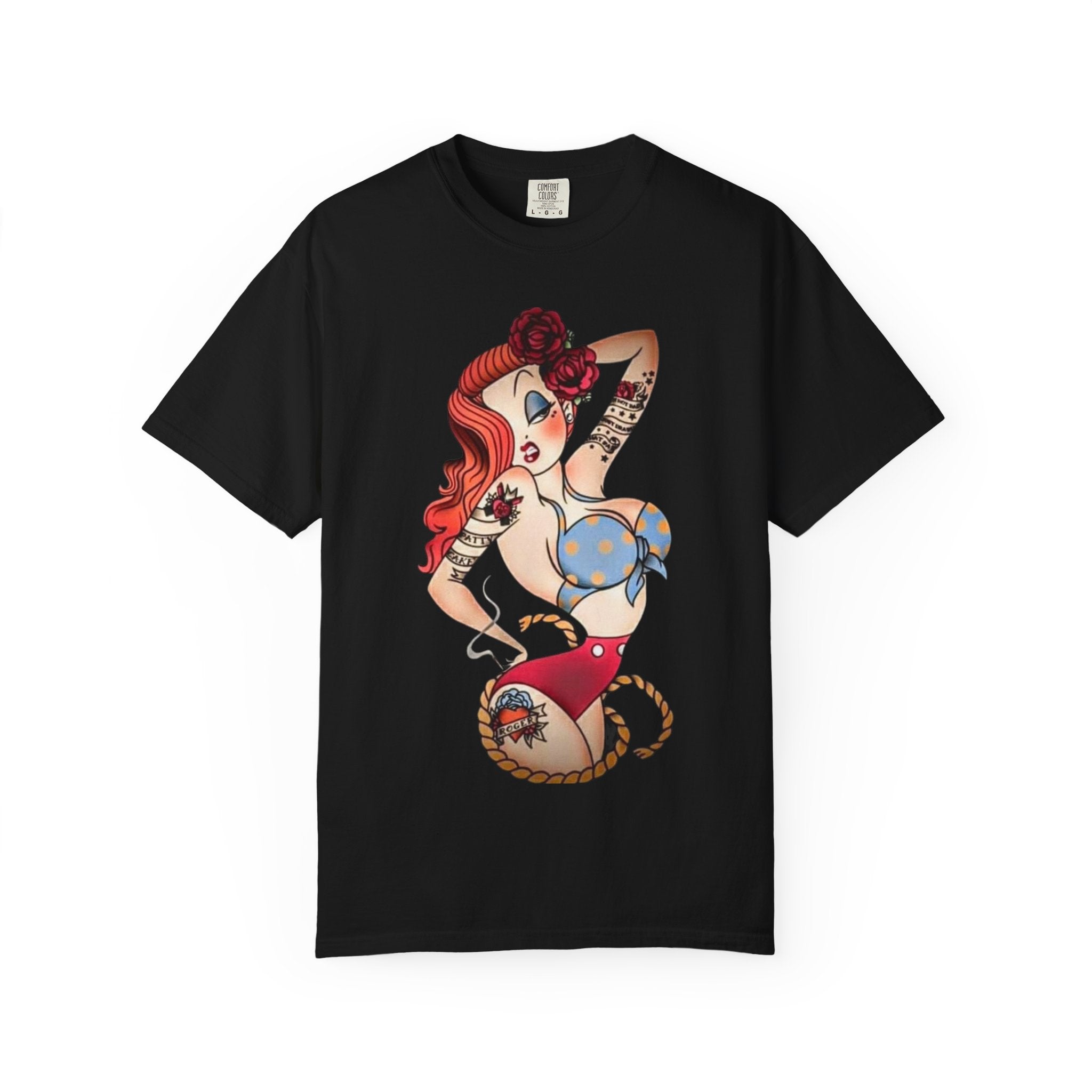 Pinup Girl Illustration T-Shirt | Retro Tattoo Art, Red Hair