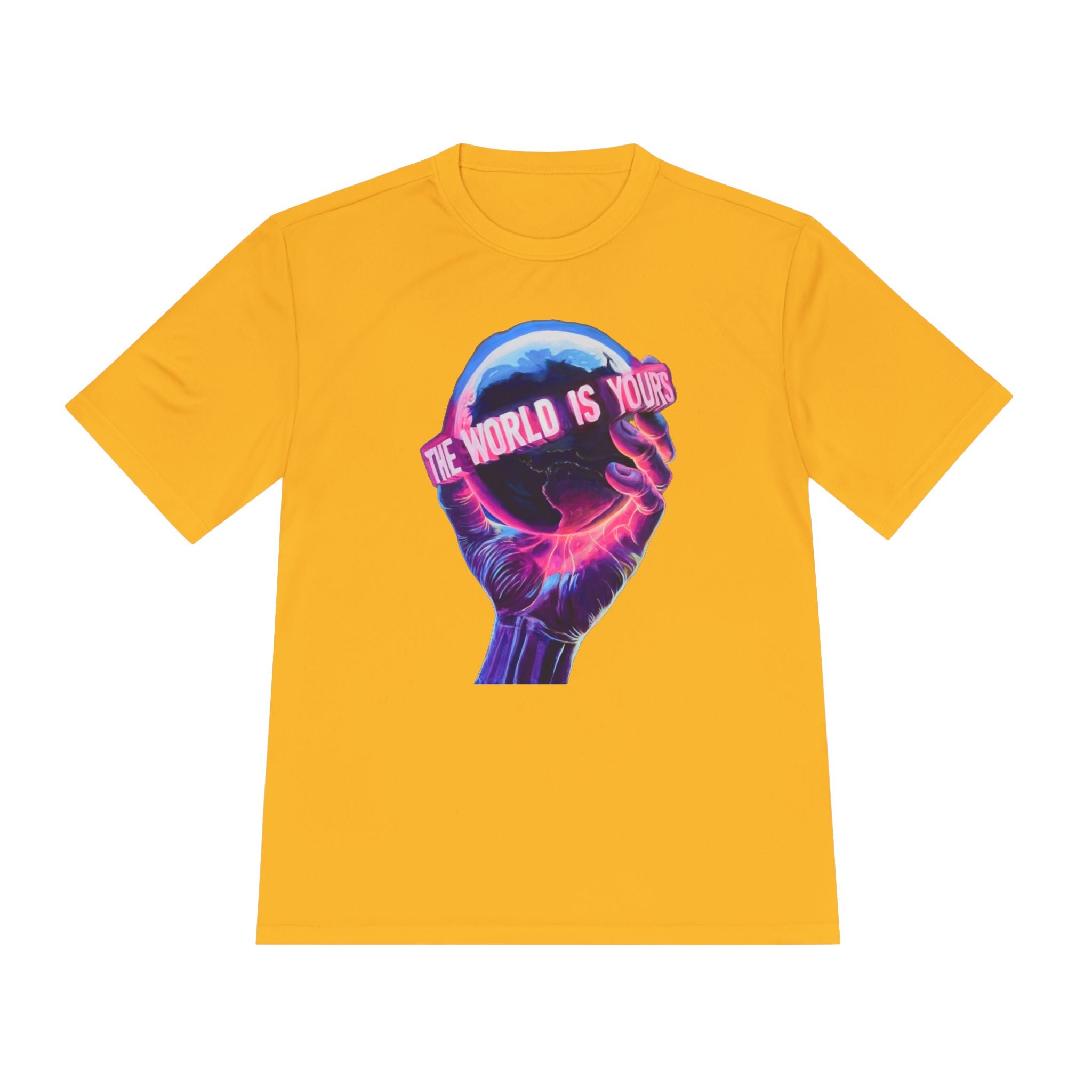 The World Is Yours hand holding globe Tee | Vaporwave neon graphic shirt
