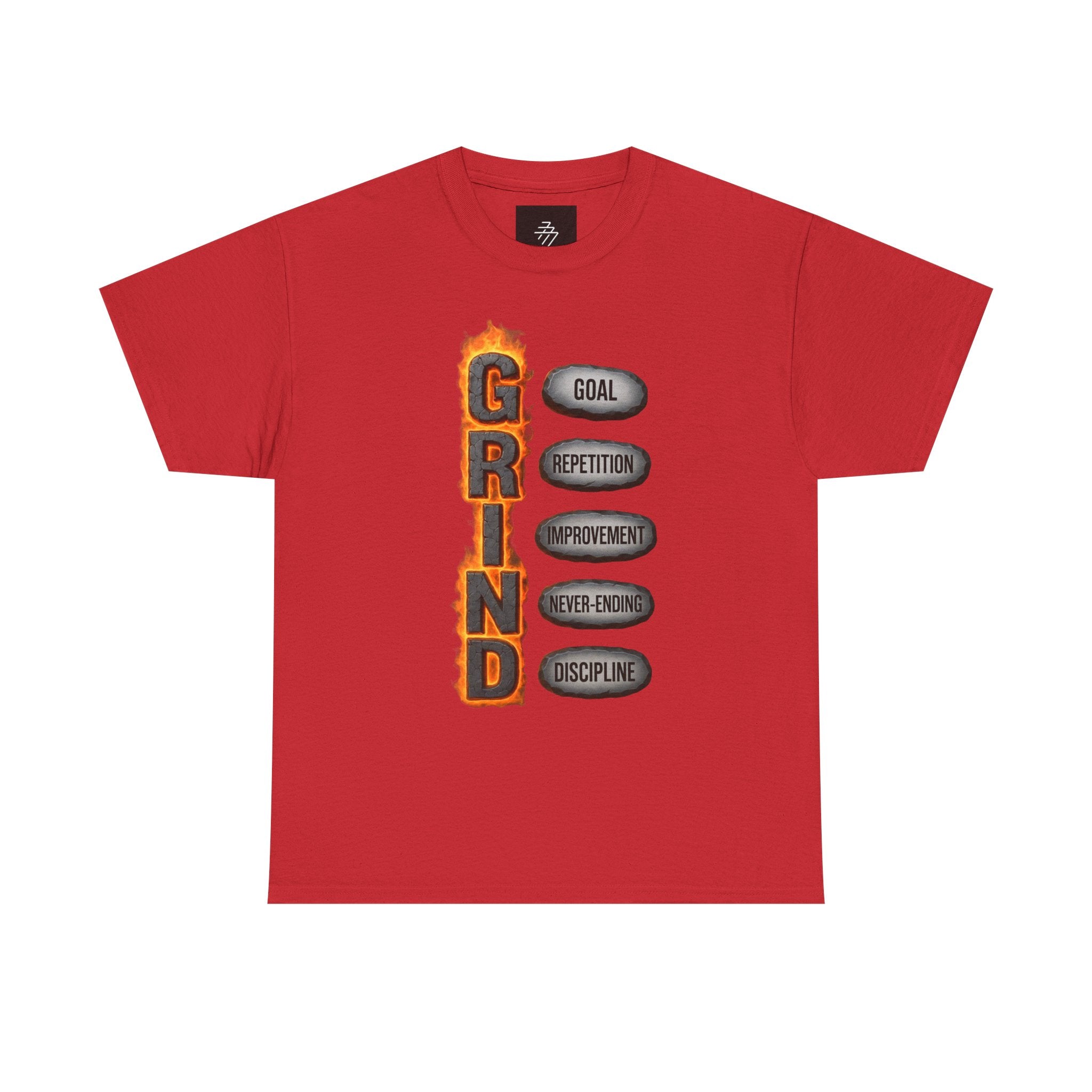 Grind Motivational Tee — "GRIND" Flame Graphic with Goal, Repetition, Improvement, Discipline