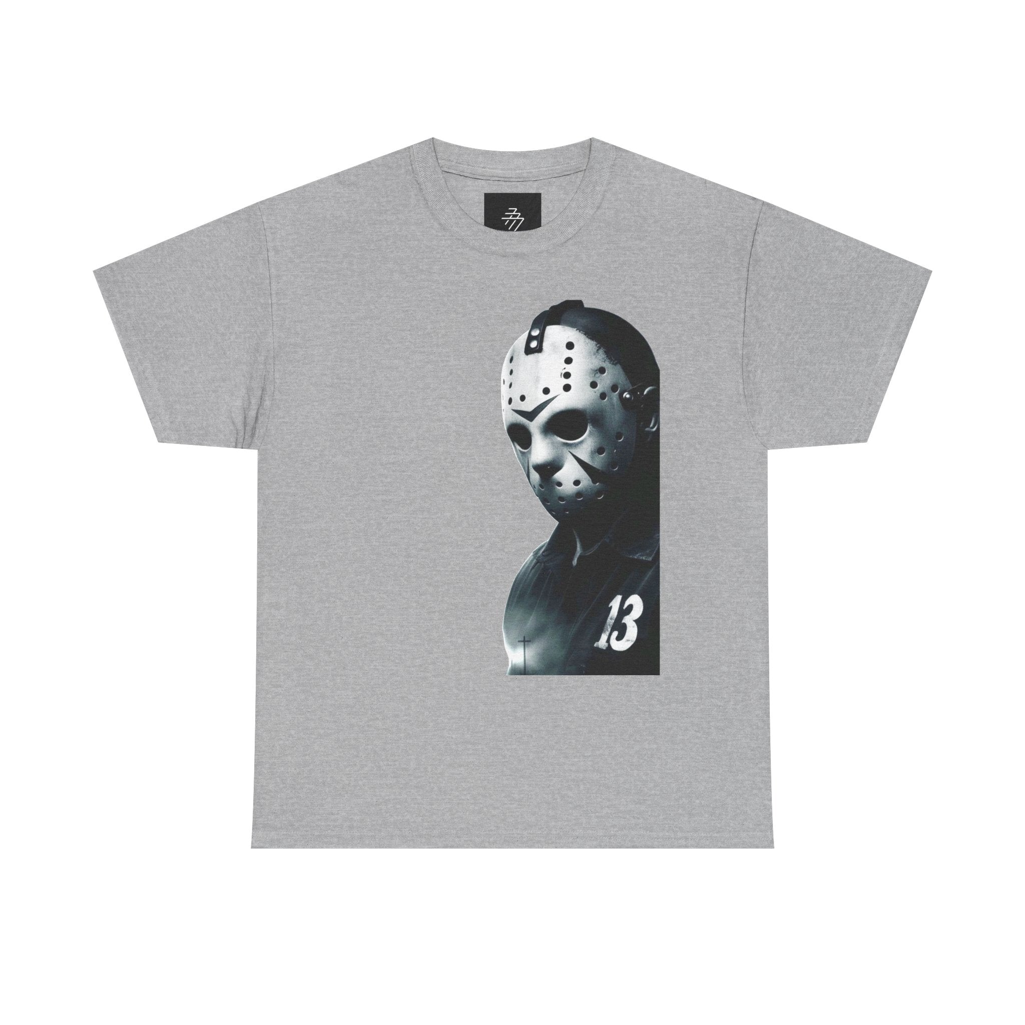 Horror Mask Graphic Tee — Jason '13' Slashed Vintage Horror Art T-Shirt