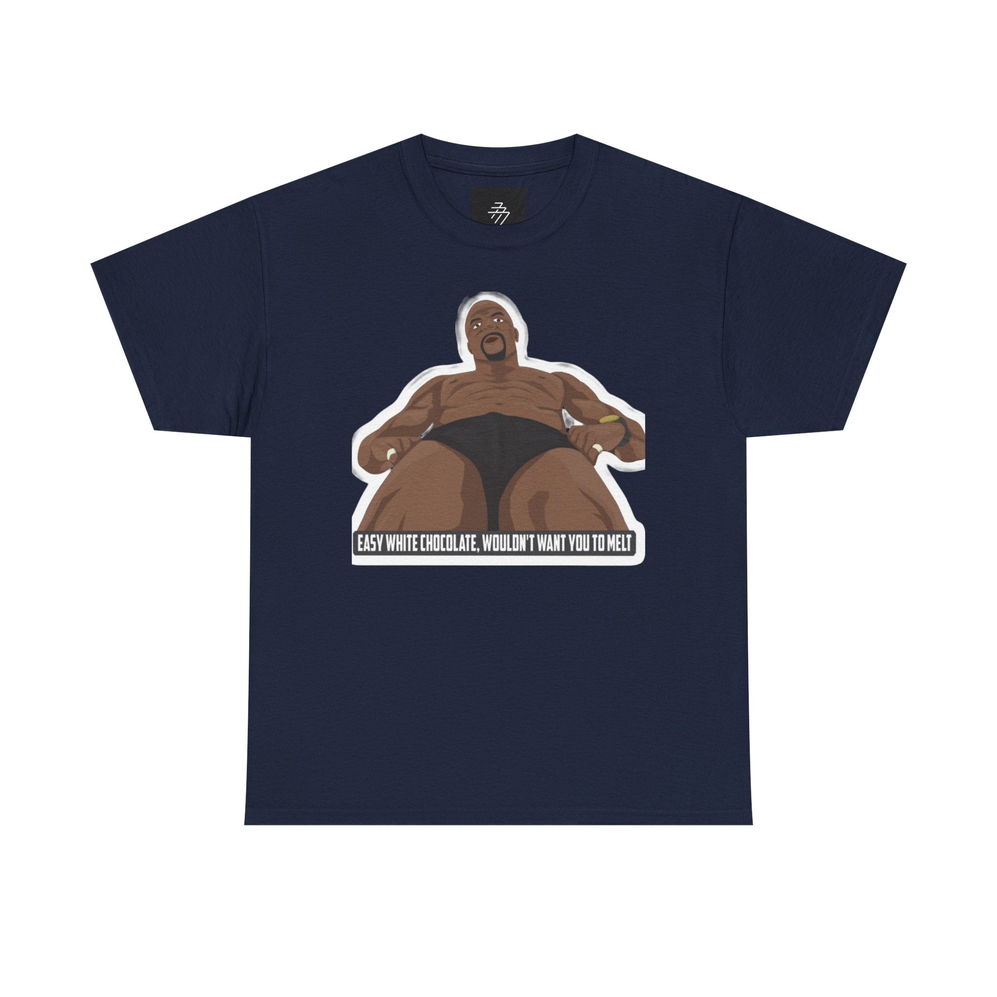 Graphic T‑Shirt — Bold Cartoon Man Illustration with "Easy White Chocolate, Wouldn't Want You to Melt" Slogan