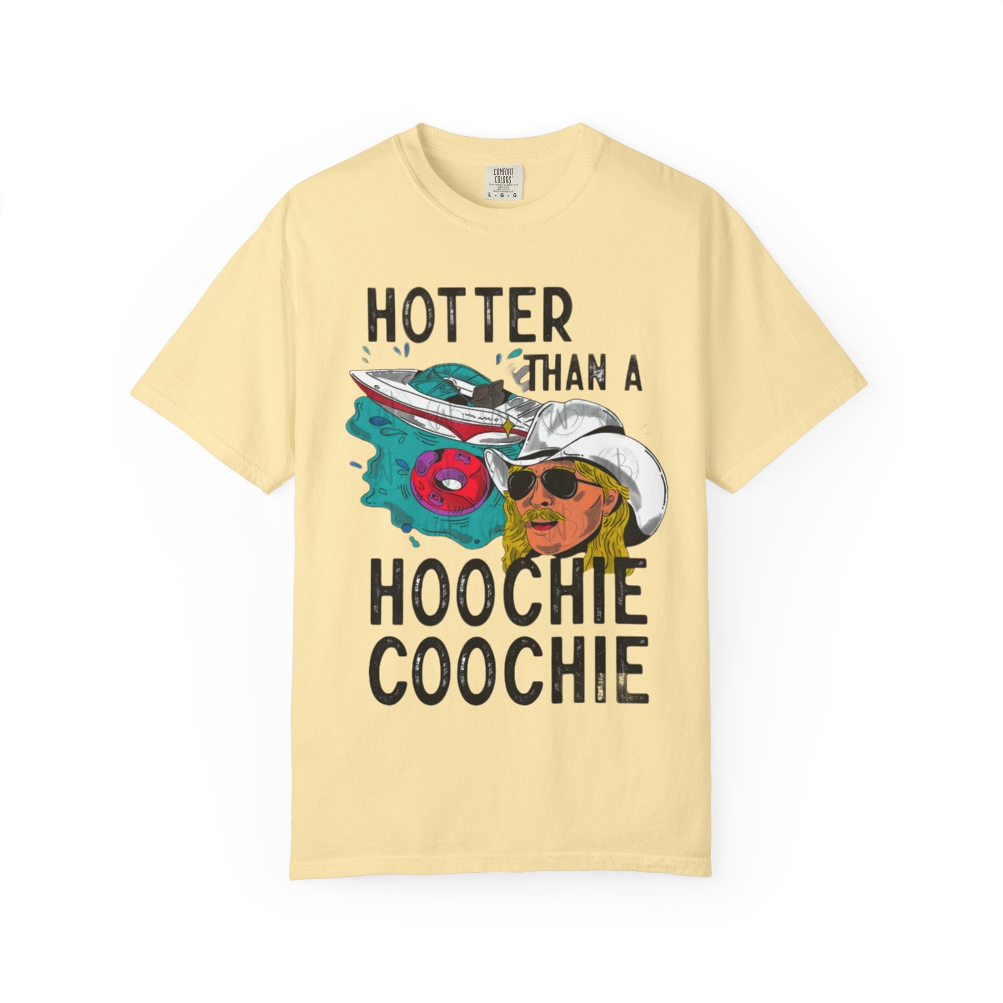 Hotter Than a Hoochie Coochie T-shirt | Retro Cowboy Illustration, Sunglasses & Roses