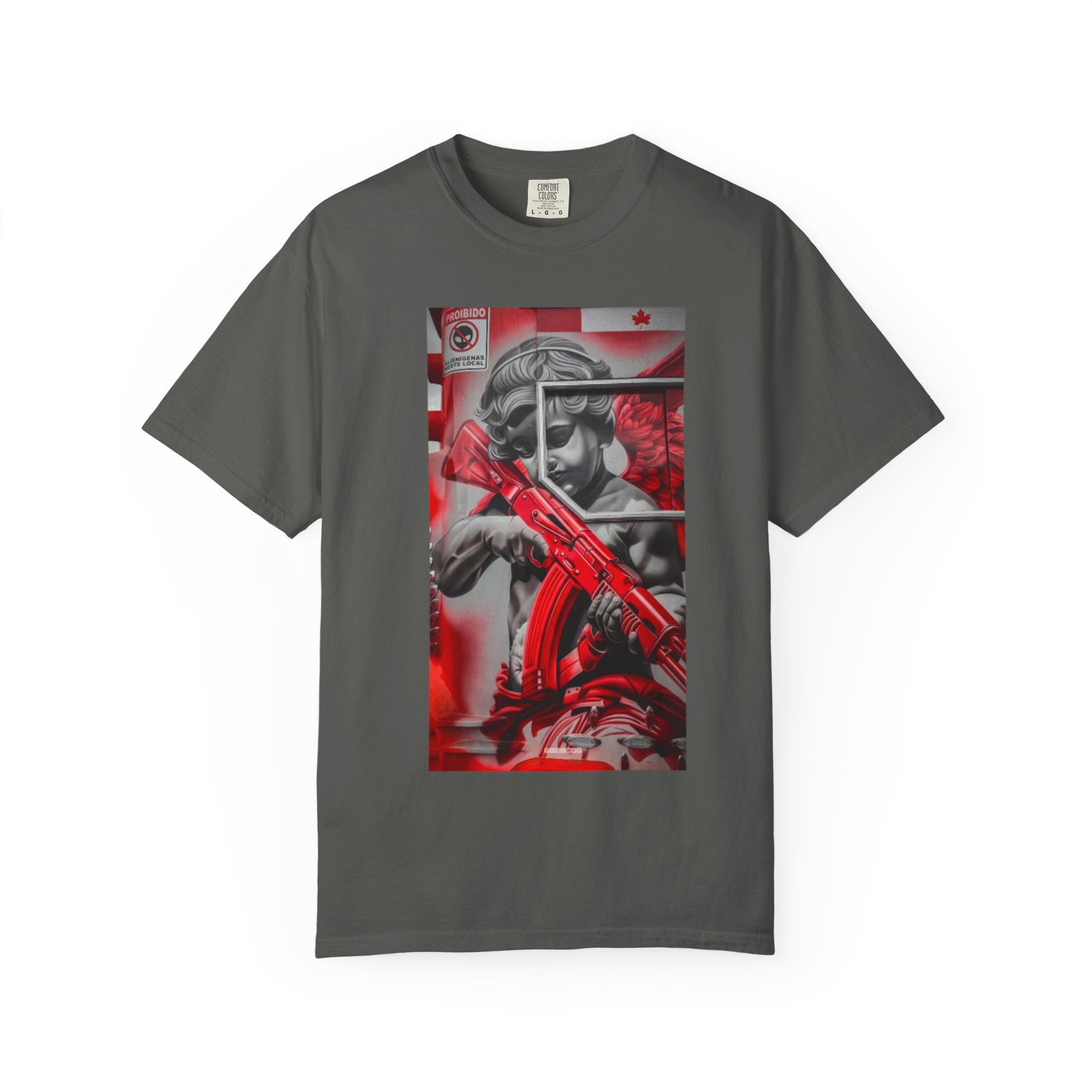 Red and Black Statue with Rifle T-Shirt | Grunge Urban Art