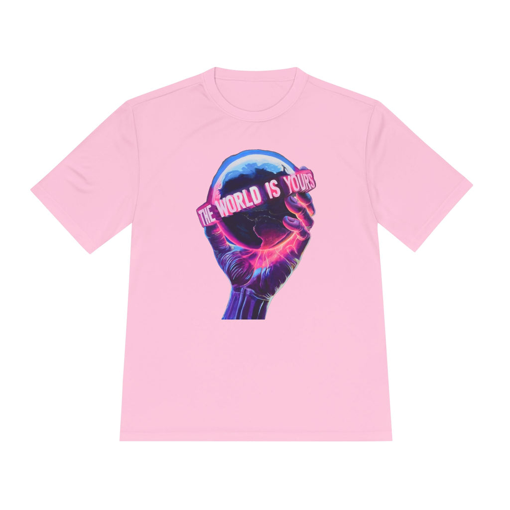 The World Is Yours hand holding globe Tee | Vaporwave neon graphic shirt