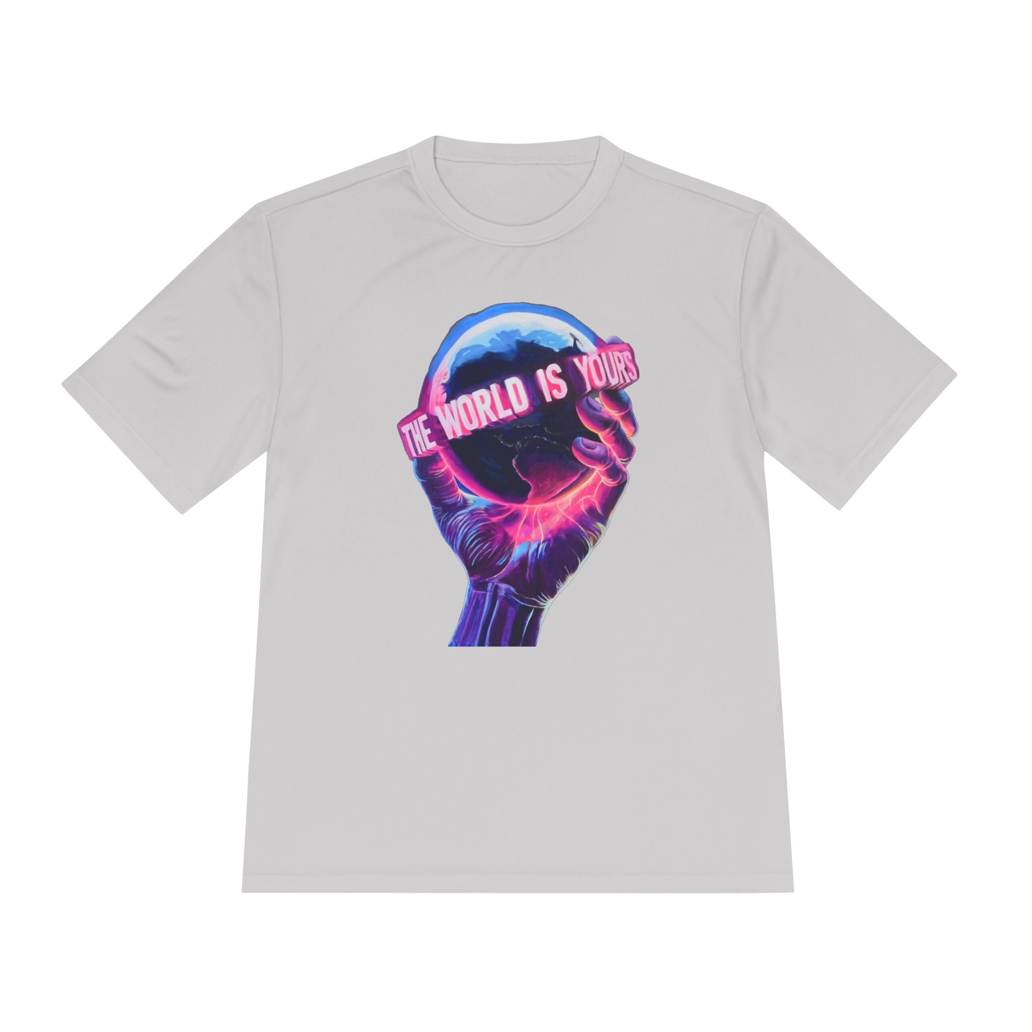 The World Is Yours hand holding globe Tee | Vaporwave neon graphic shirt