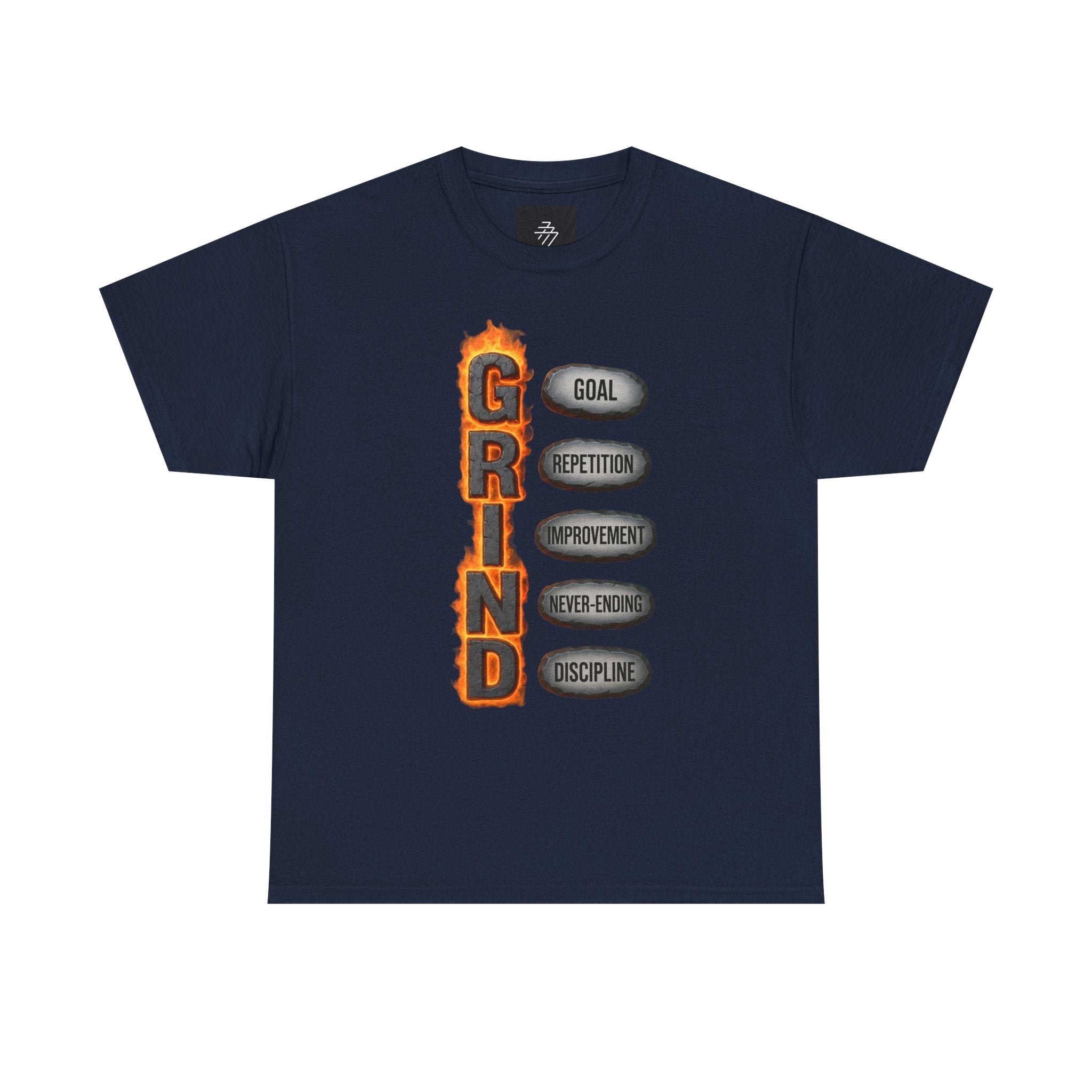 Grind Motivational Tee — "GRIND" Flame Graphic with Goal, Repetition, Improvement, Discipline