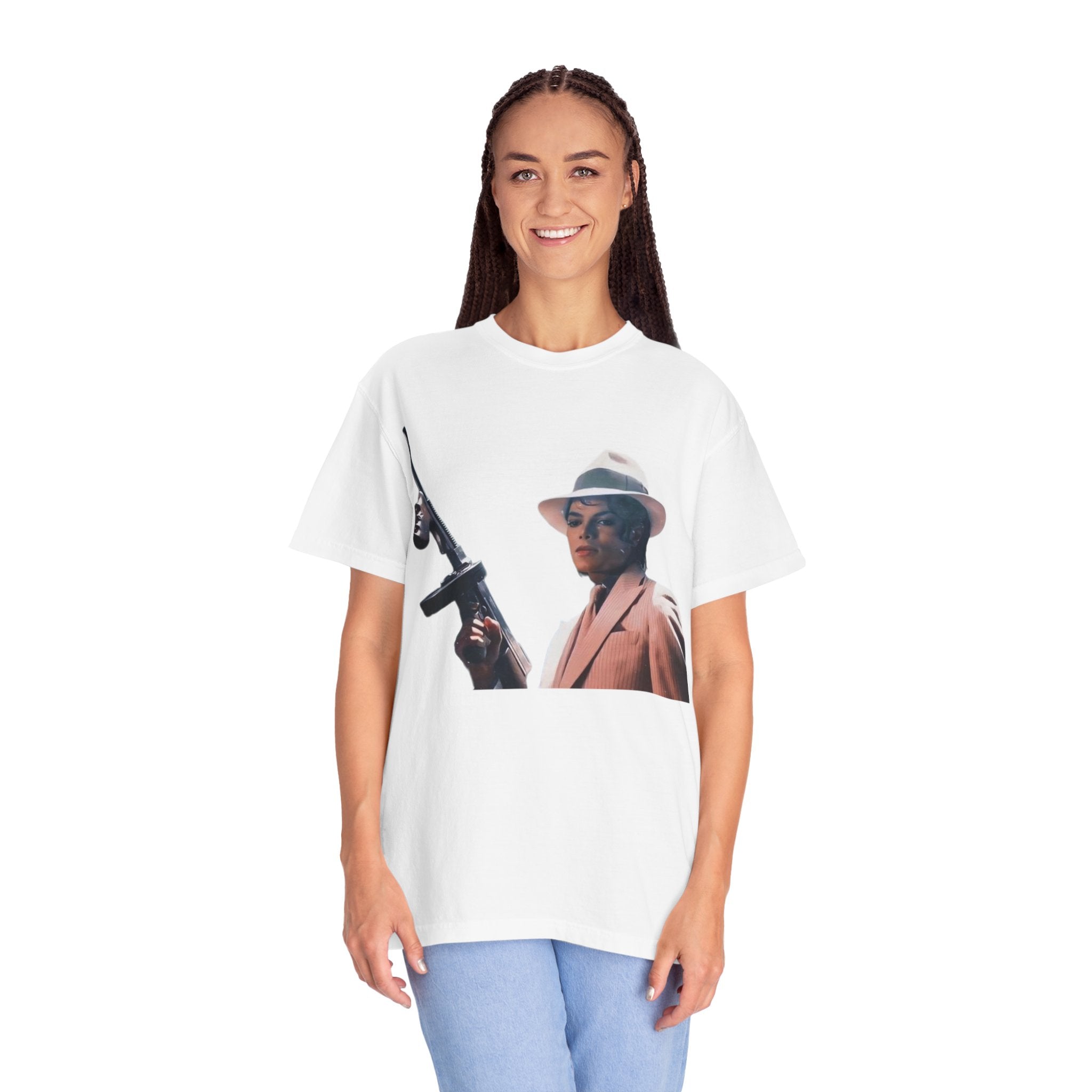 Vintage Gangster Portrait T-Shirt | Retro Typewriter Tommy Gun Photo