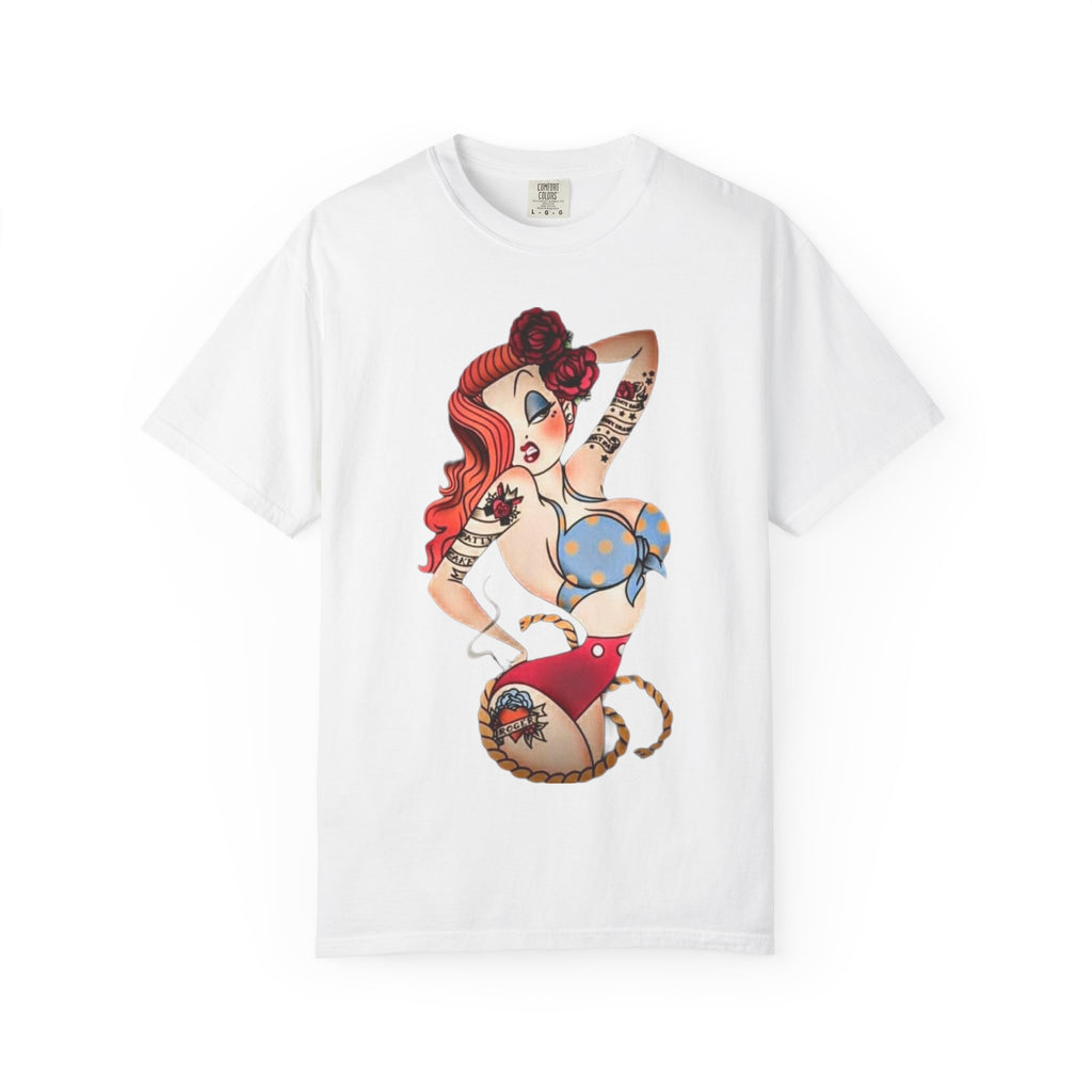 Pinup Girl Illustration T-Shirt | Retro Tattoo Art, Red Hair