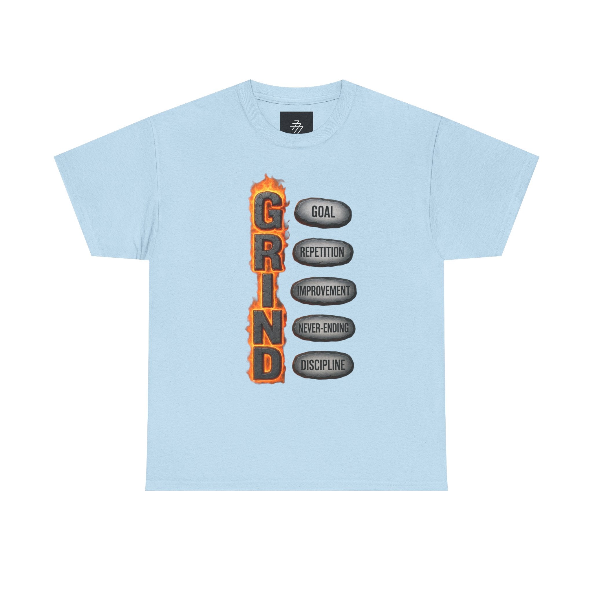 Grind Motivational Tee — "GRIND" Flame Graphic with Goal, Repetition, Improvement, Discipline