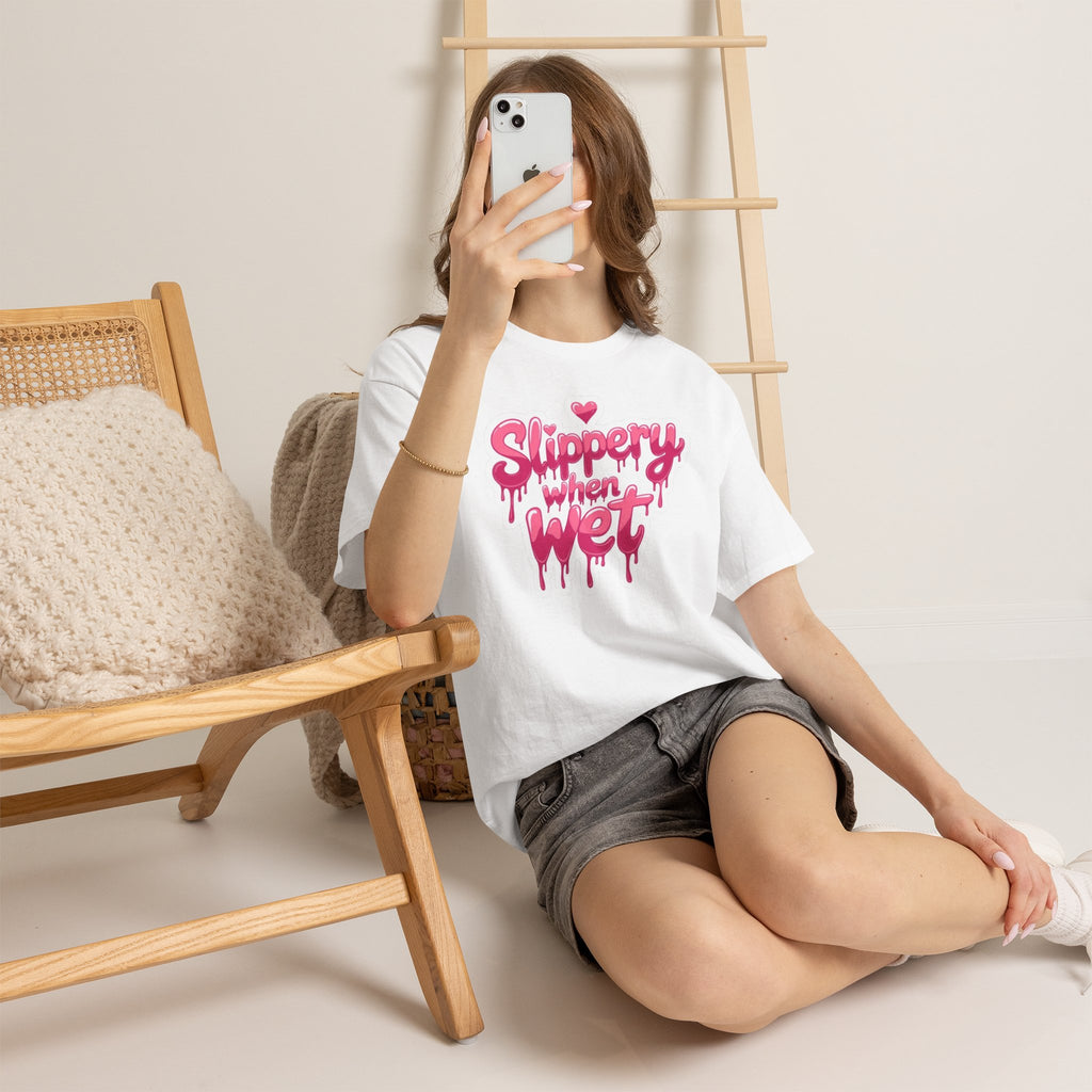 Graphic Tee — "Slippery When Wet" Pink Drip Heart T-Shirt