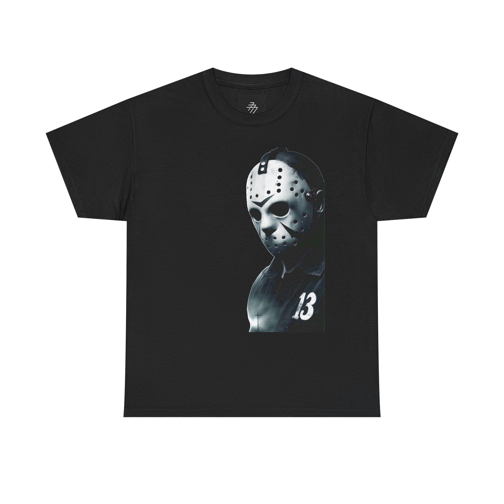 Horror Mask Graphic Tee — Jason '13' Slashed Vintage Horror Art T-Shirt
