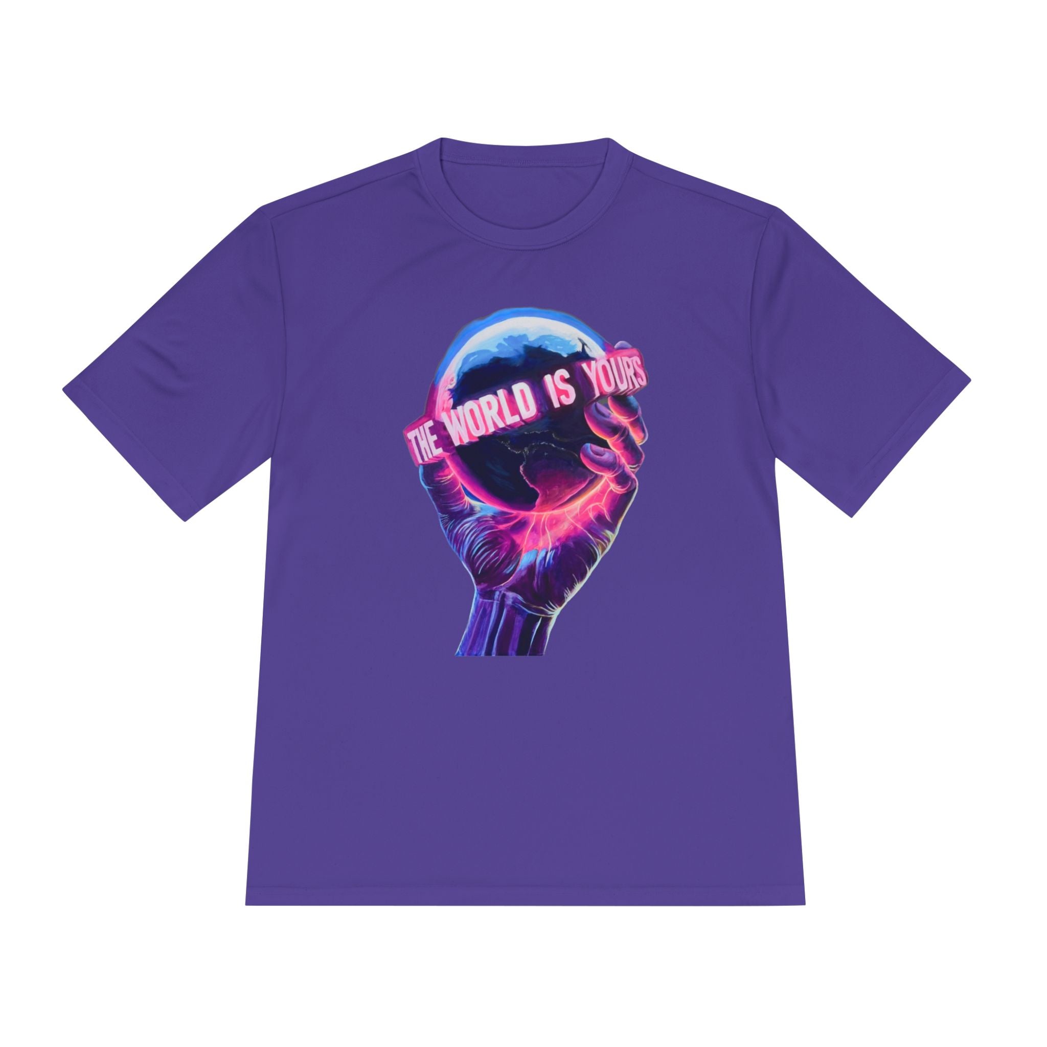 The World Is Yours hand holding globe Tee | Vaporwave neon graphic shirt