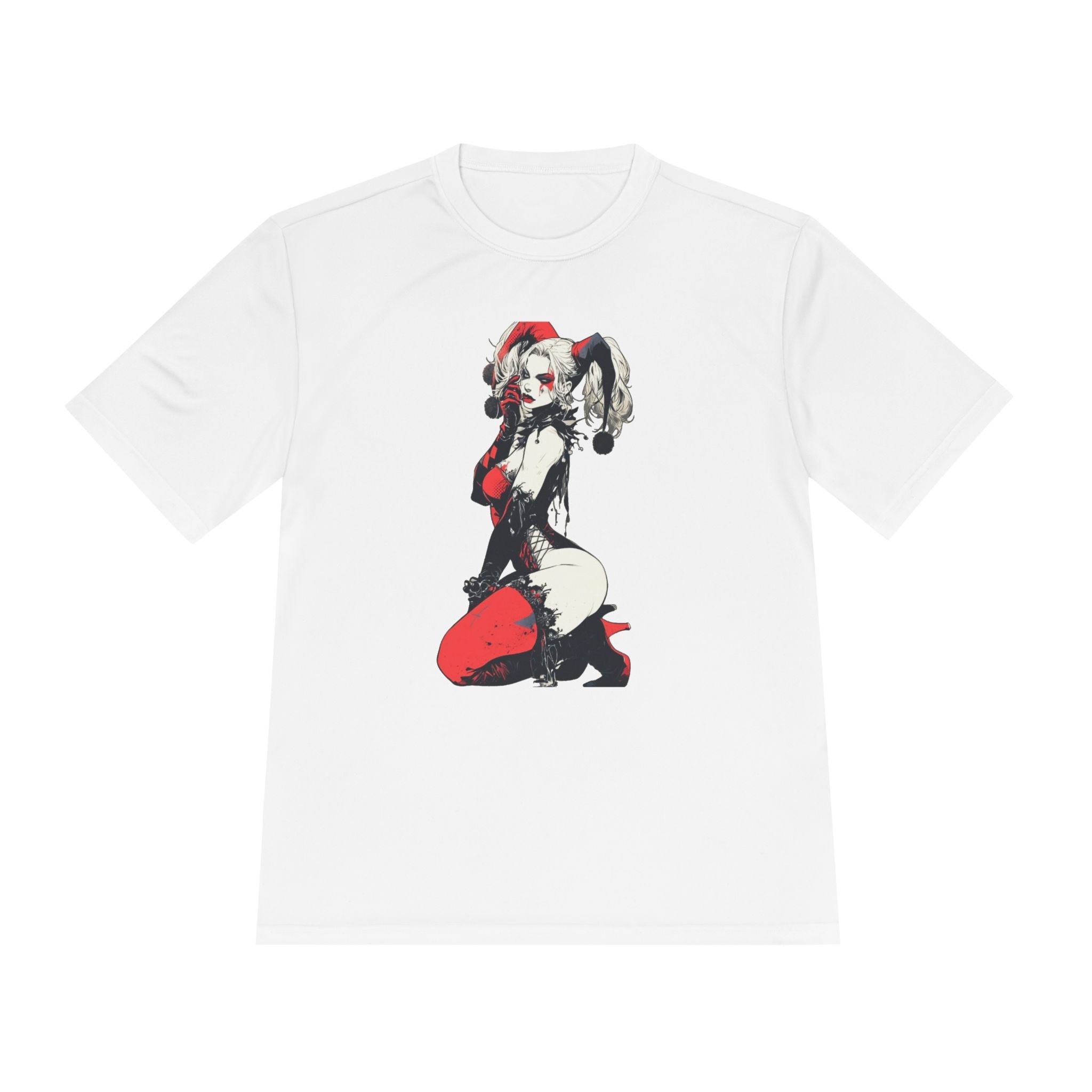 Harlequin Pinup Character Tee | Red Black Joker Girl Illustration