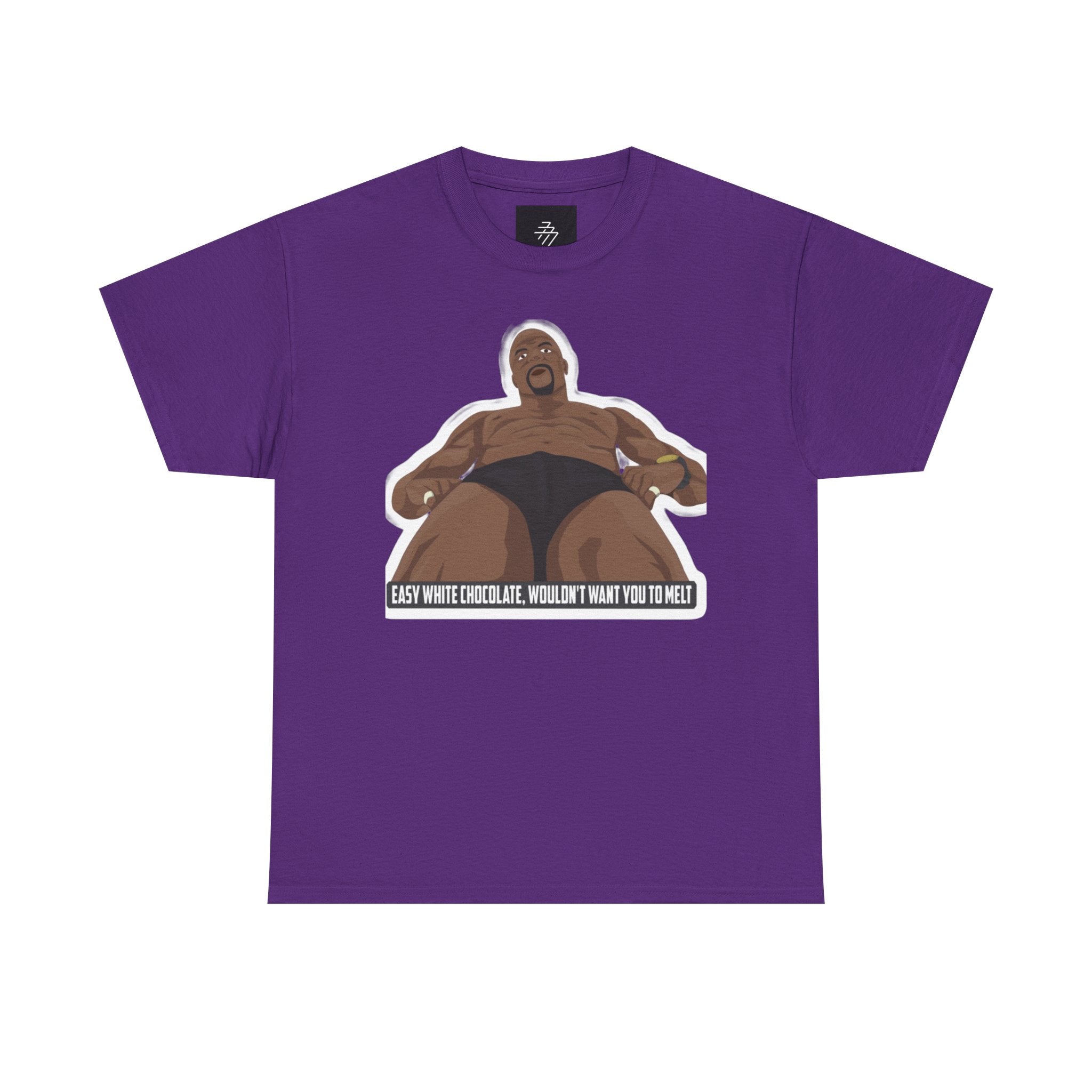Graphic T‑Shirt — Bold Cartoon Man Illustration with "Easy White Chocolate, Wouldn't Want You to Melt" Slogan