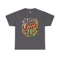 Never Give Up Inspirational Retro Script Tee with Gemstone Accents