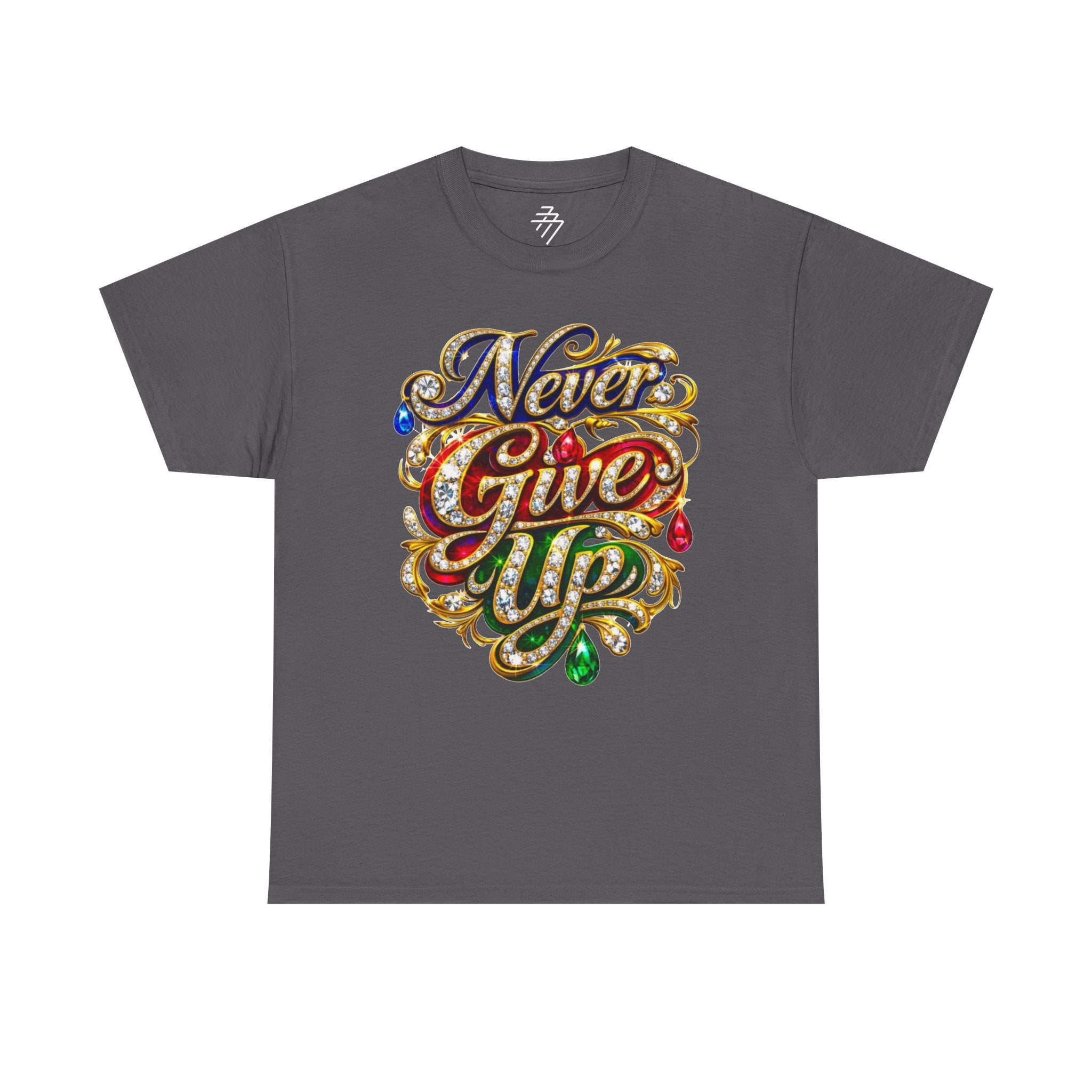Never Give Up Inspirational Retro Script Tee with Gemstone Accents