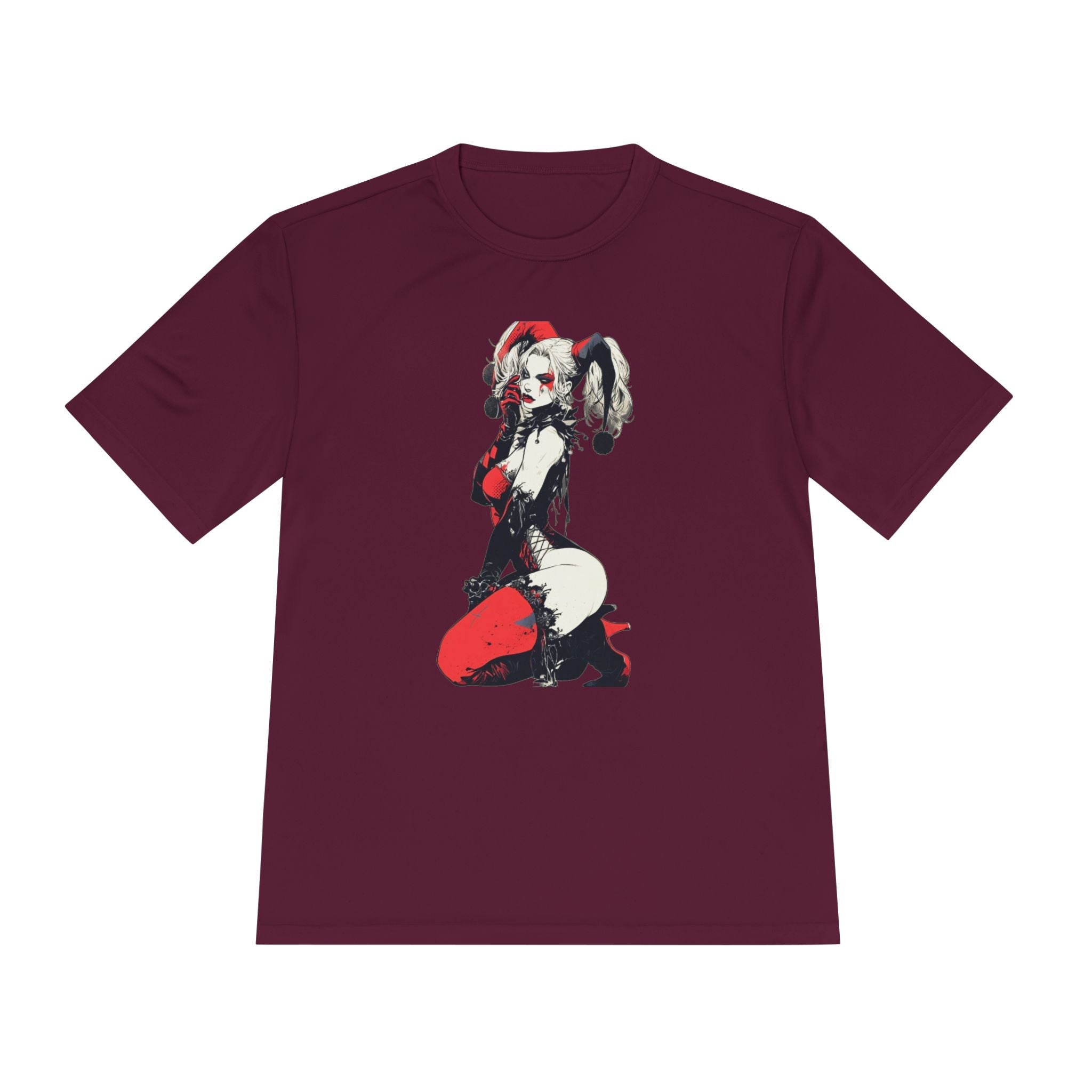 Harlequin Pinup Character Tee | Red Black Joker Girl Illustration